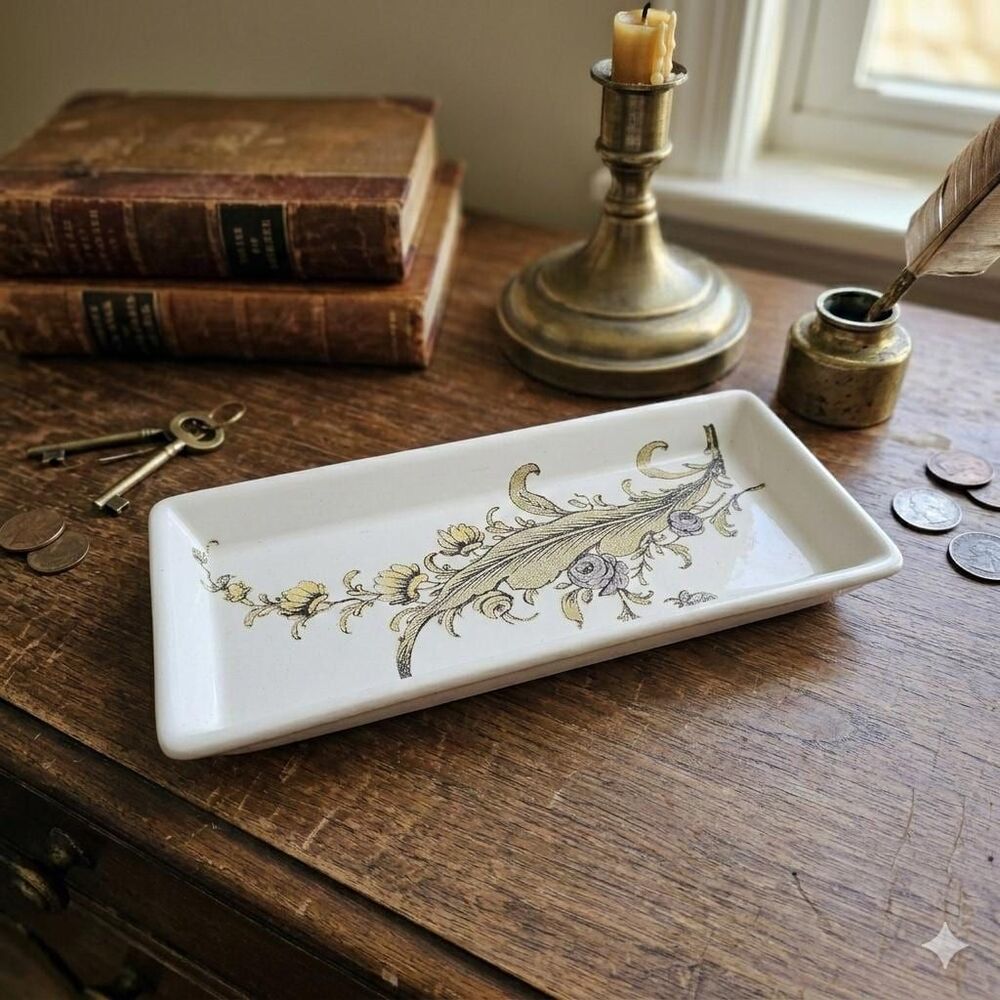 Hand-Decorated Ceramic Botanical Tray – Upcycle Catchall – Feather Rose Dish